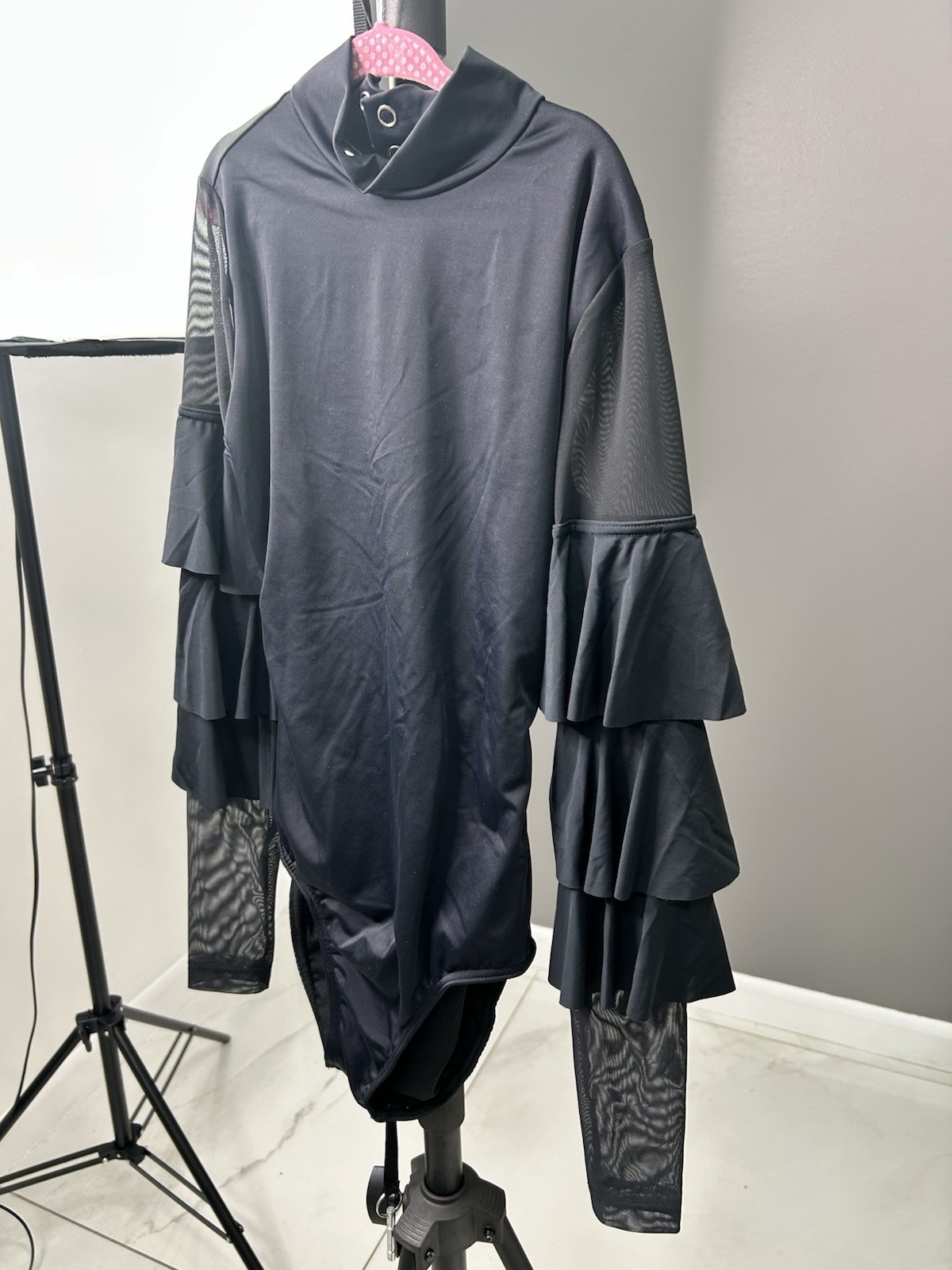 Weissman Black Solid Mesh Ruffle Long Sleeve Women’s Dance Leotard MT11834