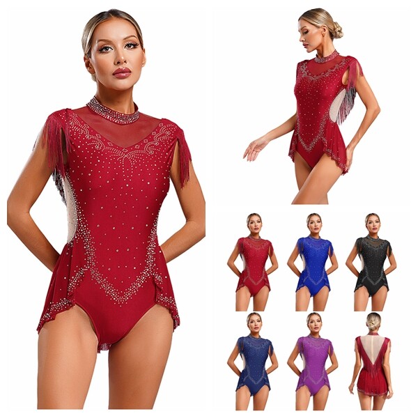 Womens Tassel Skirted Sparkling Bodysuit Mock Neck Dance Leotard Shiny Ladies