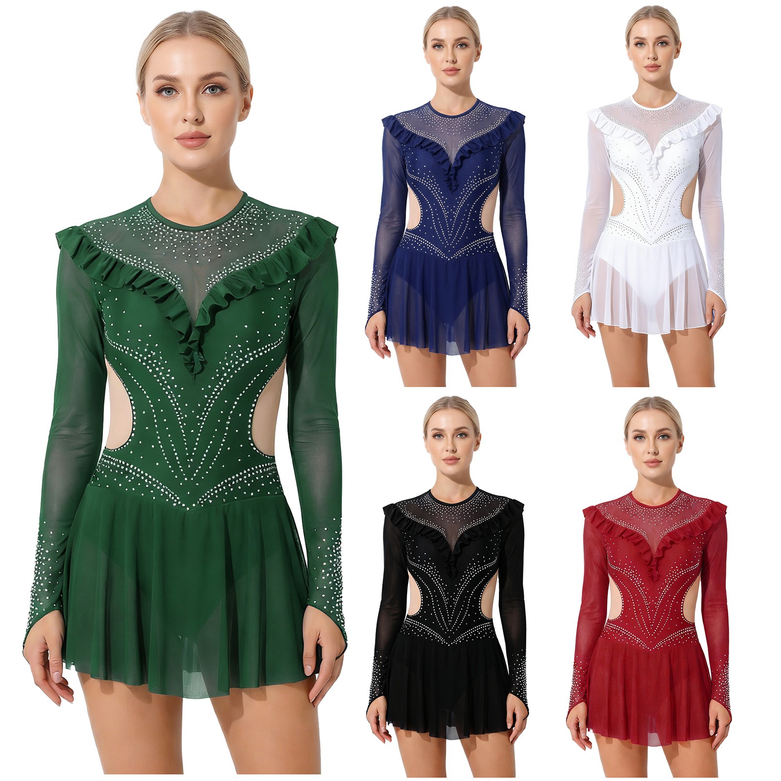 Women Figure Ice Skating Dress Mesh Ballet Dance Leotard Contemporary Dancewear