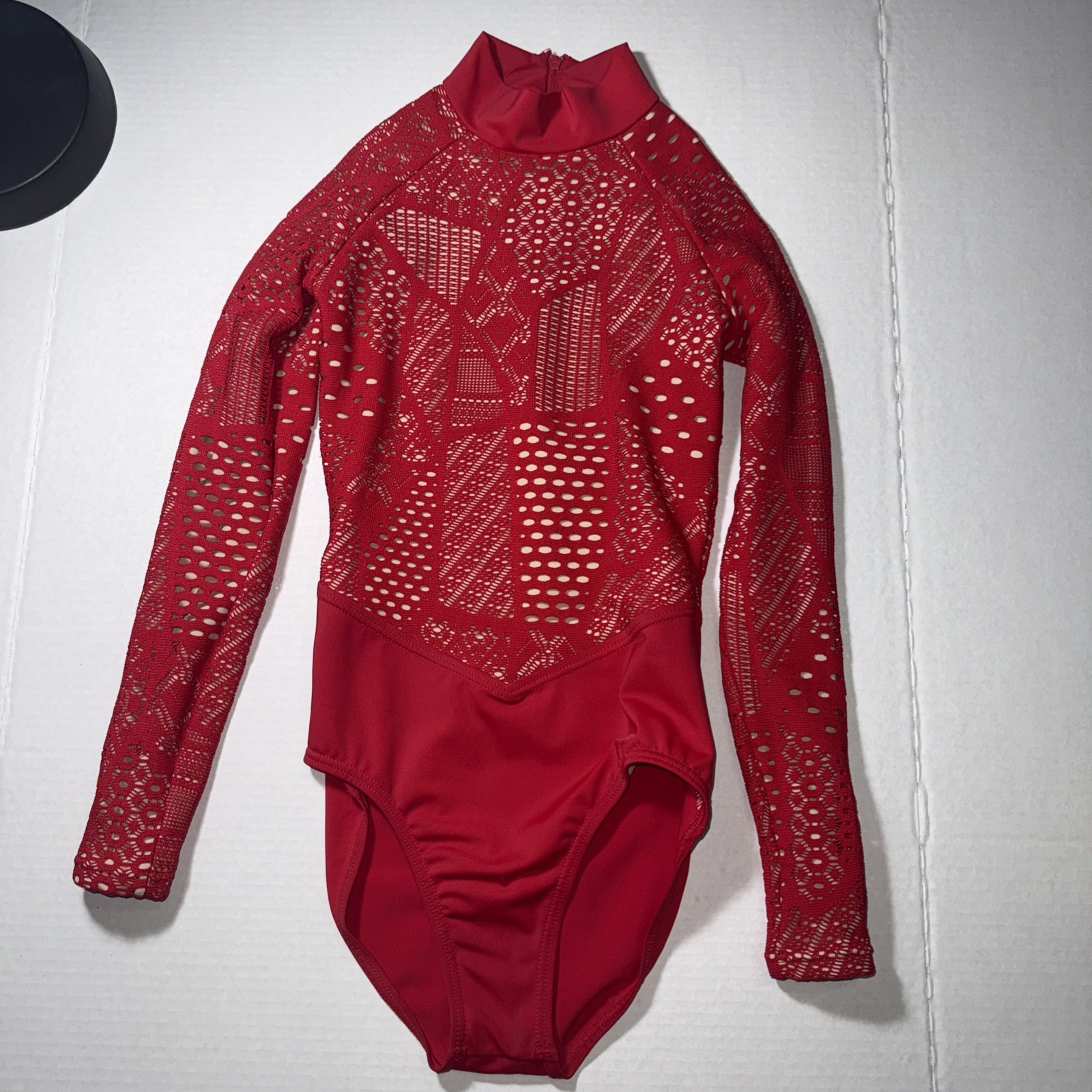Balera Dance Costume Leotard Size XS MT10337 Red Mock Neck Long Sleeve Cutout