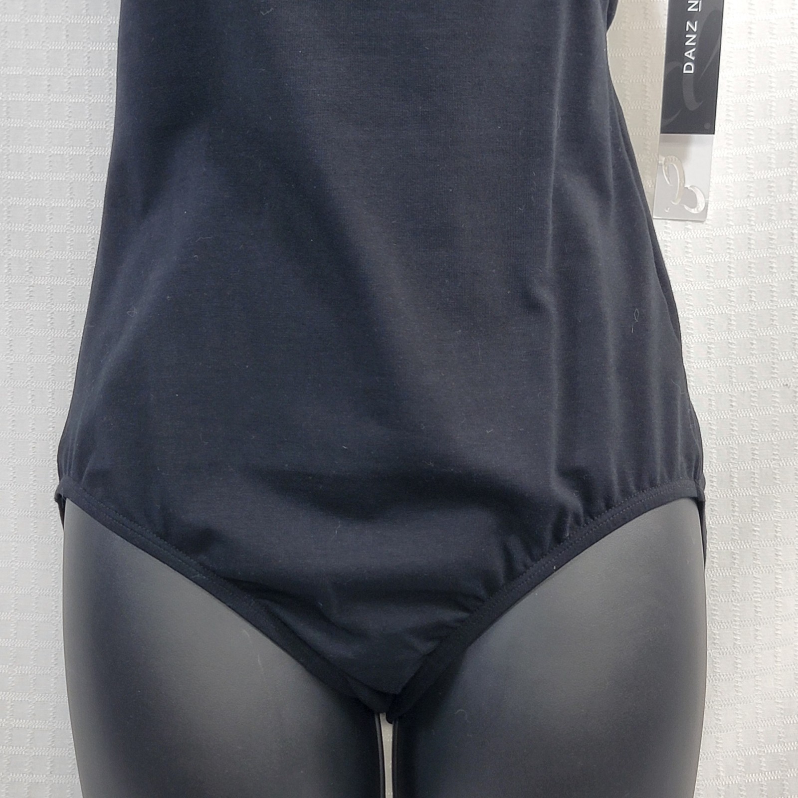 DanzNMotion Black Leotard Scoop Neck Empire Seam Open Back Vertical Straps SZ LA