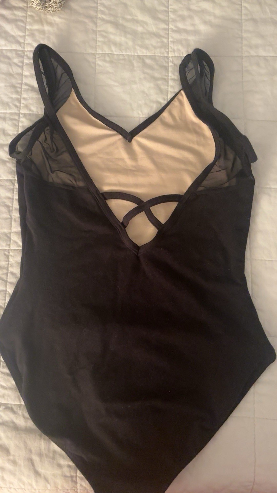 Women’s Small Black Solid One-Piece Dance Leotard Mesh Straps Crisscross Back