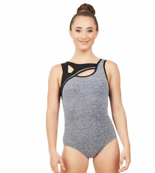 CAPEZIO Asymmetric geometric back StormySkies mesh insert tank leotard Ladies
