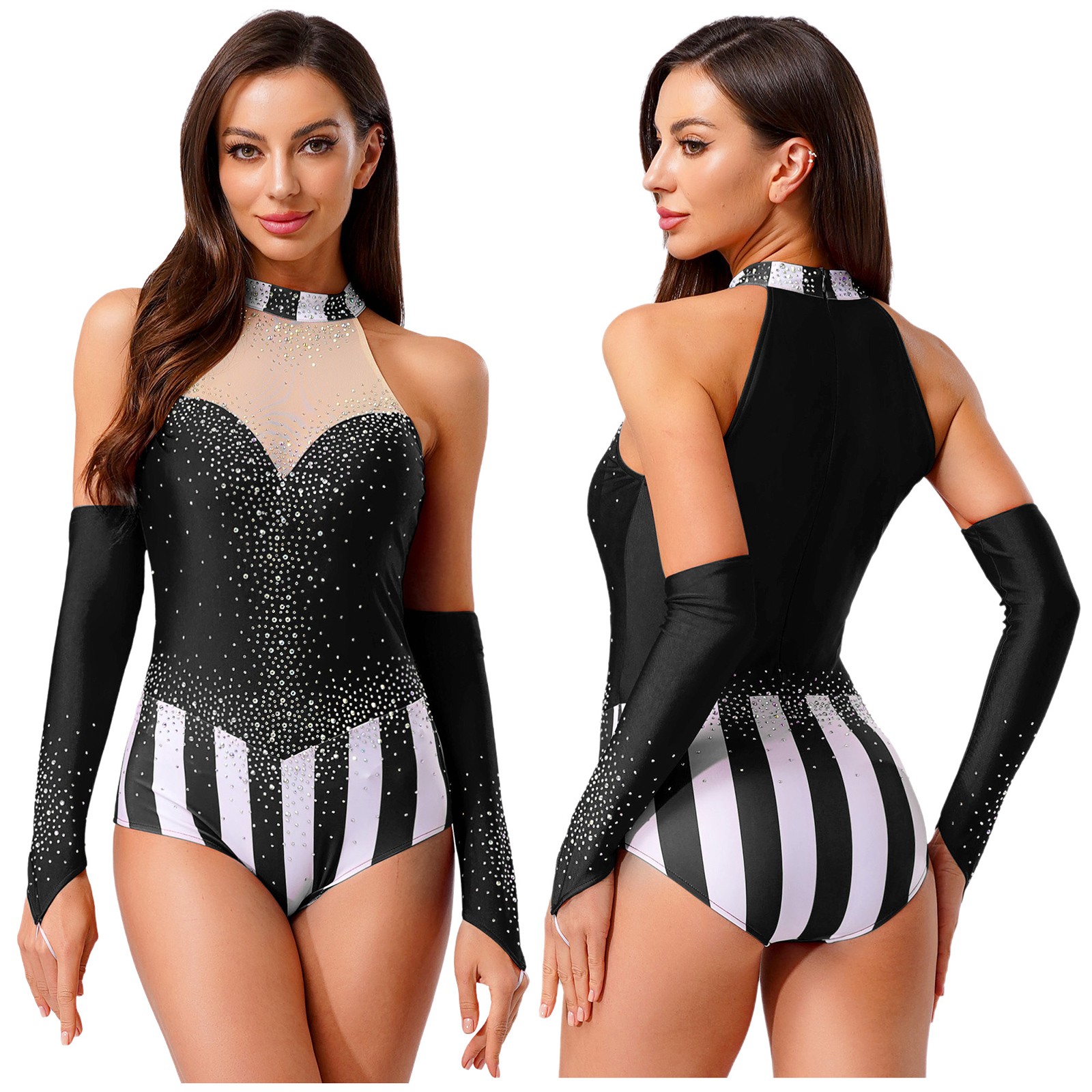 Womens Circus Ringmaster Costume Magician Clowns Jumpsuit Sequins Costume Set
