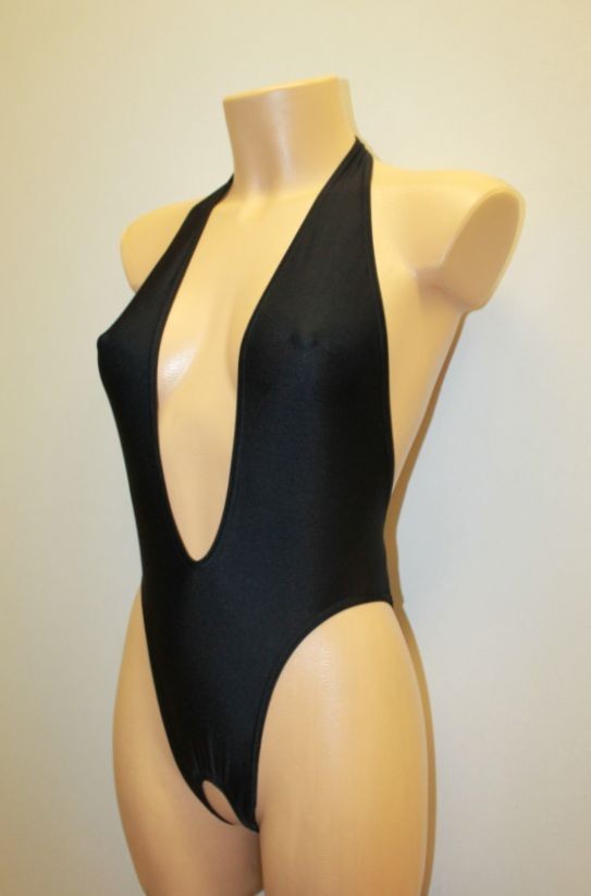 Women Thong Leotard 203-56 Open Back Hole Crotch Black Spandex Size L