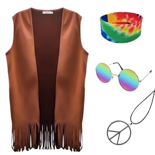 Hippie Costume for Men 60s 70s Fringe Vest Carnival Party Tassel Medium Brown