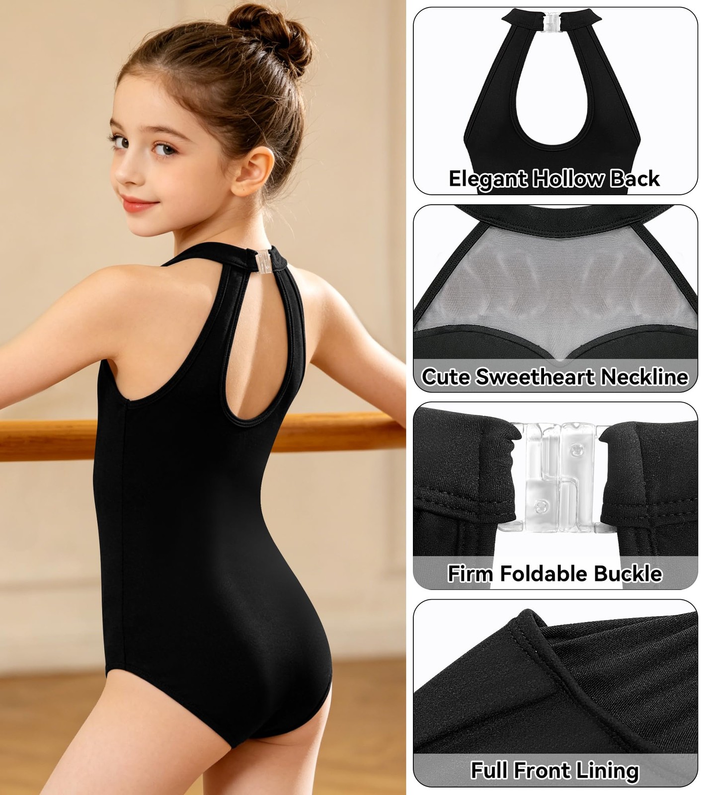 Tegmk Girls Halter Dance Leotard for Ballet Hollow Back, 13-14 Years, Black