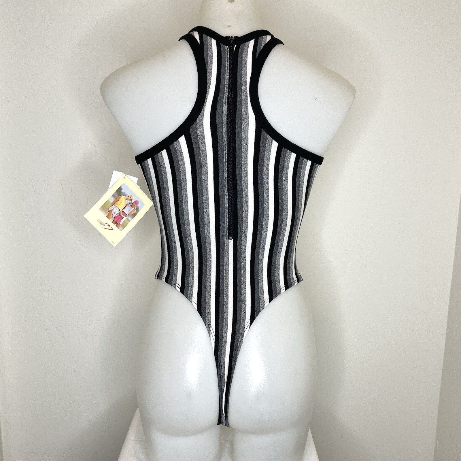 Vintage Marika 80’s Thong Workout Leotard Black Striped Zip Up Womens Medium