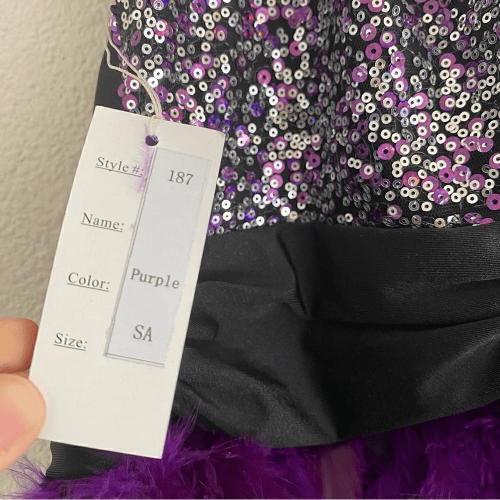 Glamour dance costume purple sequin feather jazz Broadway adult small SA -NEW