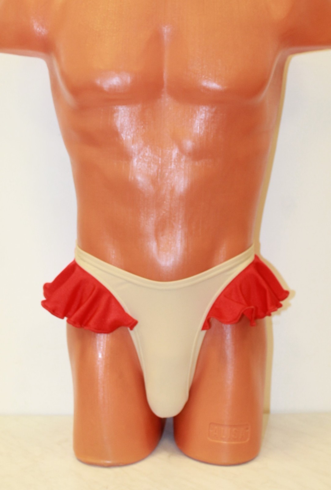 Men Thong Briefs with Flirty Skirt 601-91 Flesh Color and Red Spandex Size S