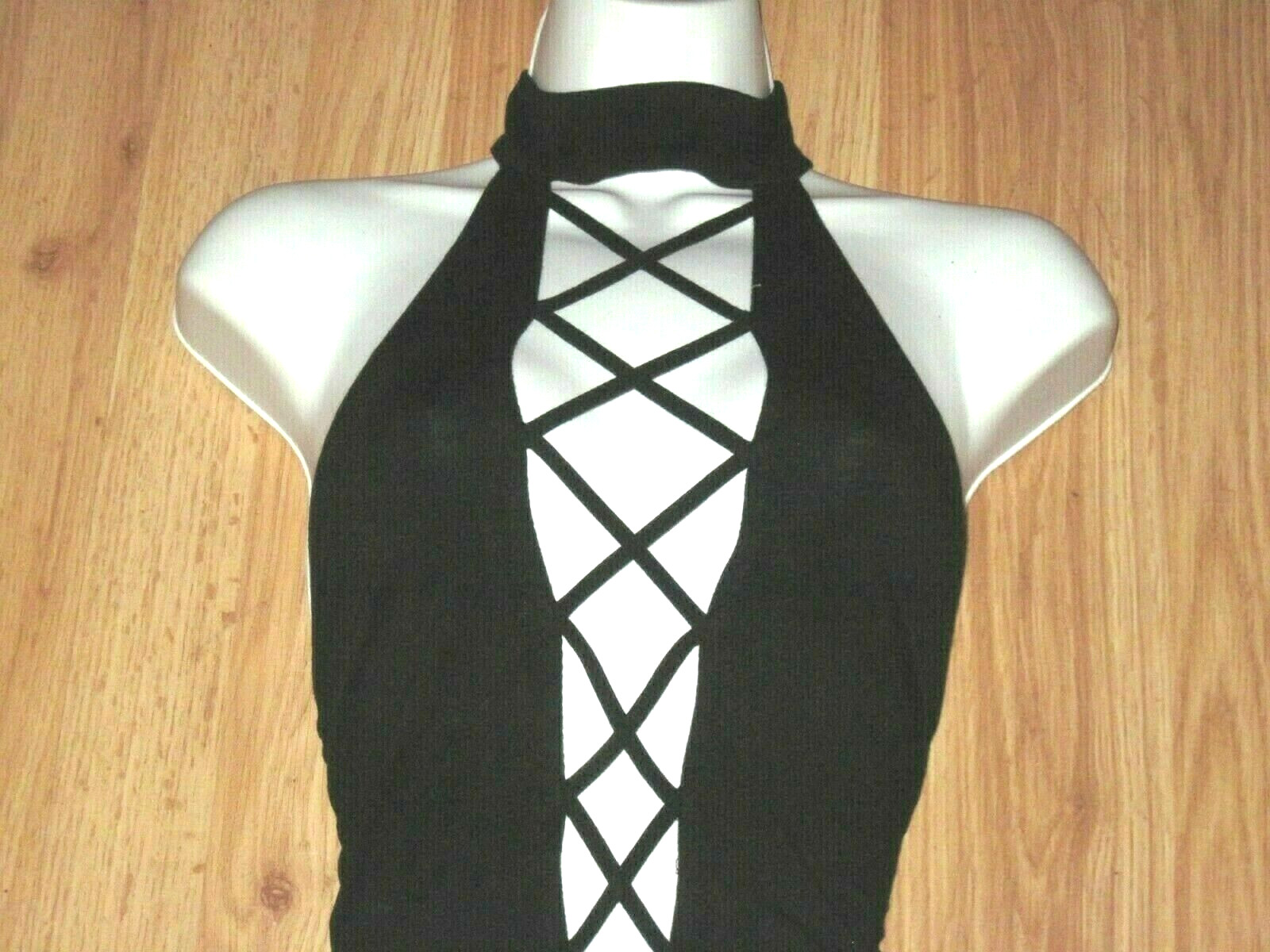 Lace Up Front Open Back Halter Top Snap Crotch Thong Black Leotard Adult Medium