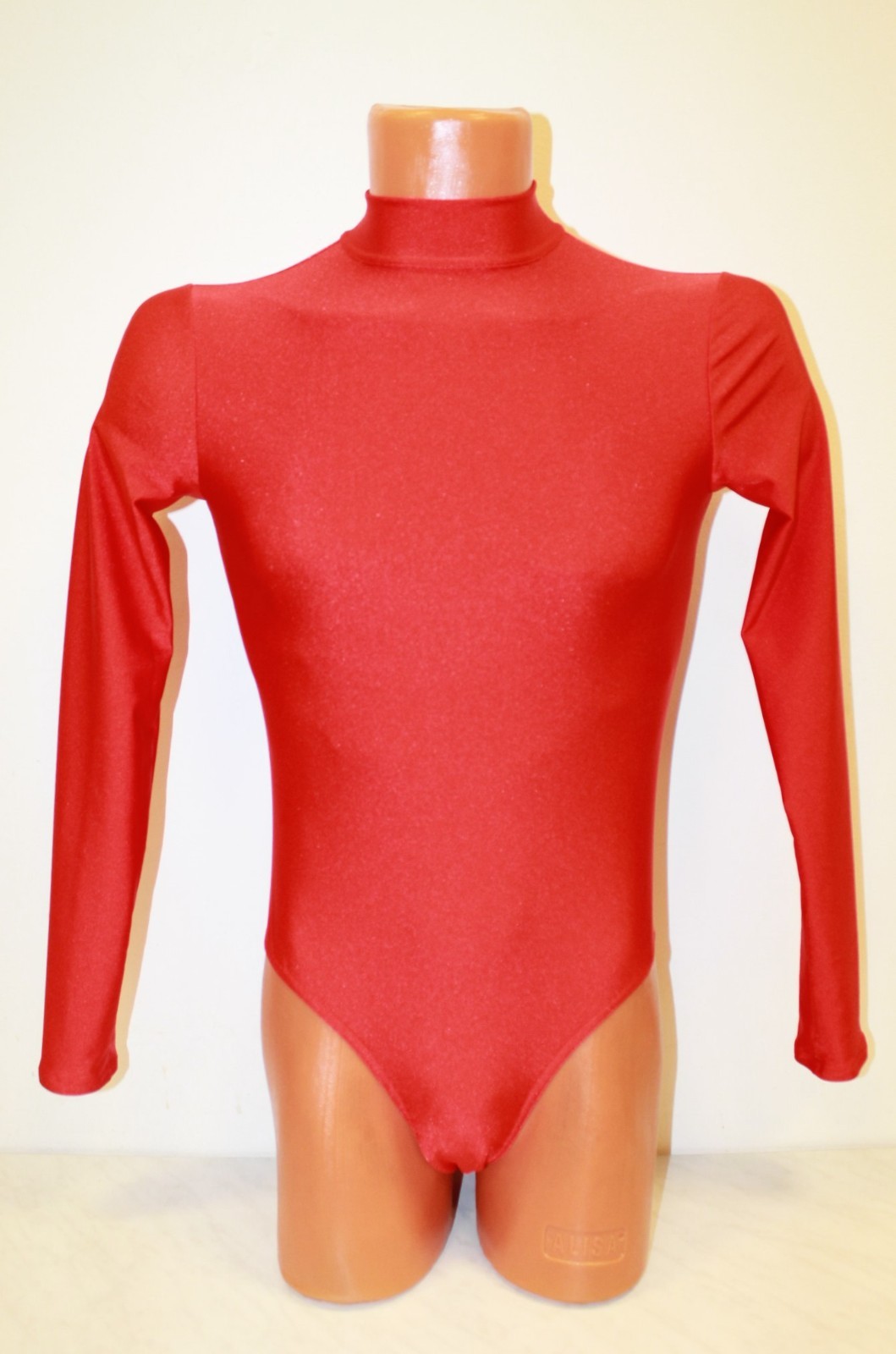Men Leotard 159-00 Long Sleeve High Collar Bottom Closed Red Spandex Size L
