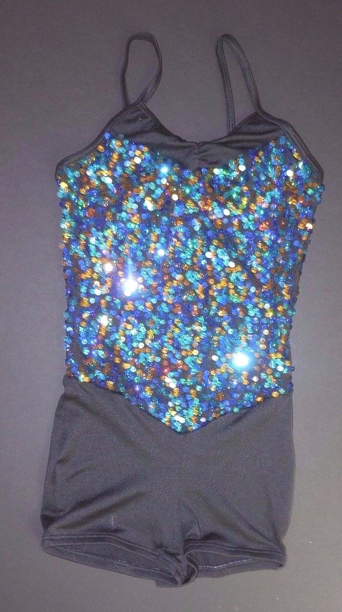 Dance Sequin Foil Spandex Shorty Unitard Blues Gold Petite Adult Costume Baton