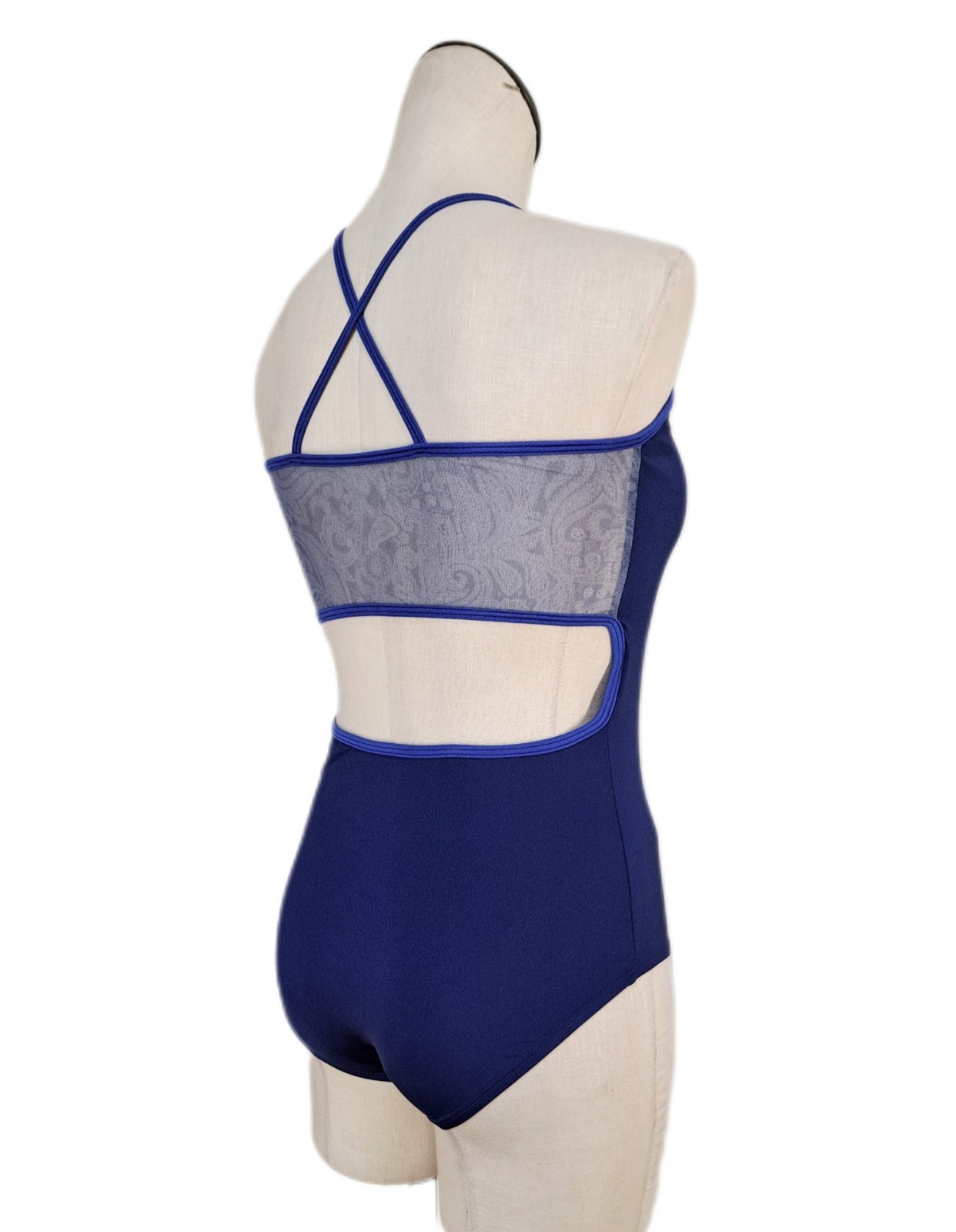 Aja VTG Blue Open Back Cutout Mesh Lace Crossback Tank Leotard AM/MA Size Medium