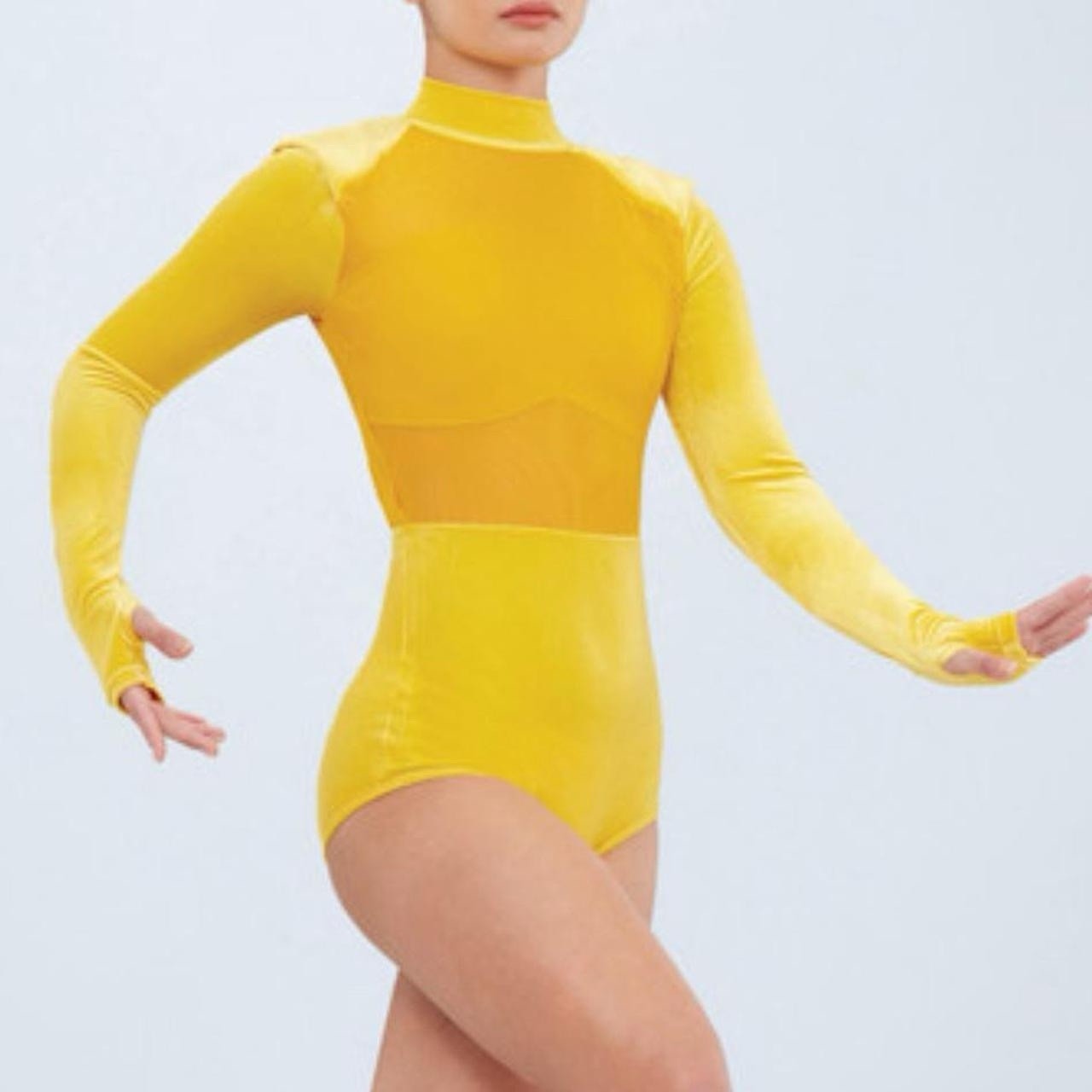 NWOT Weissman Elite 16396 ‘Plastic Hearts’ Yellow Velvet Open Back Leotard, XS A