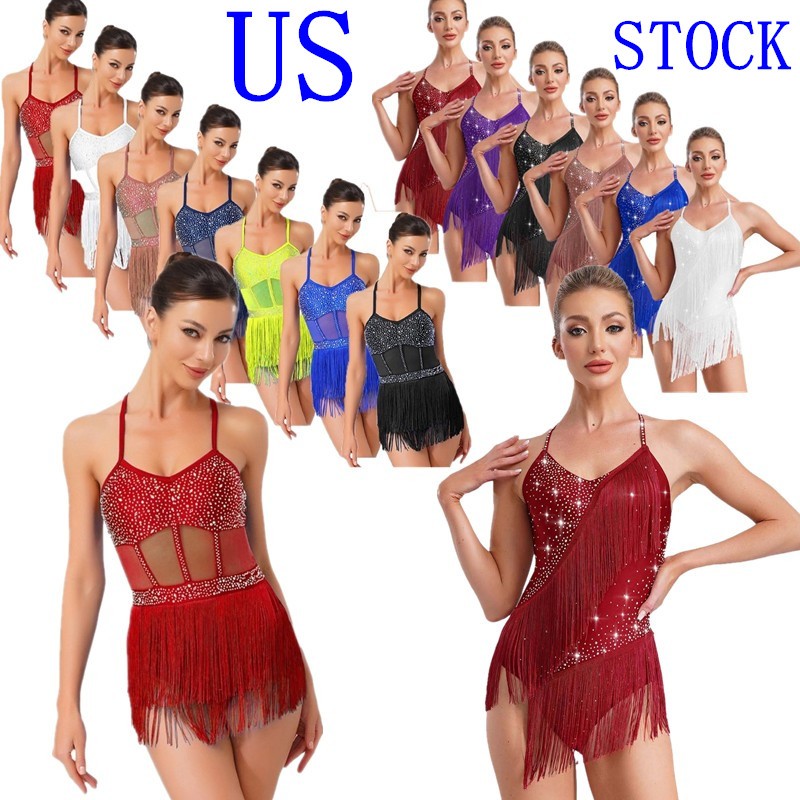 US Women Rhinestone Latin Tango Dance Leotards One Piece Halter Tassels Bodysuit