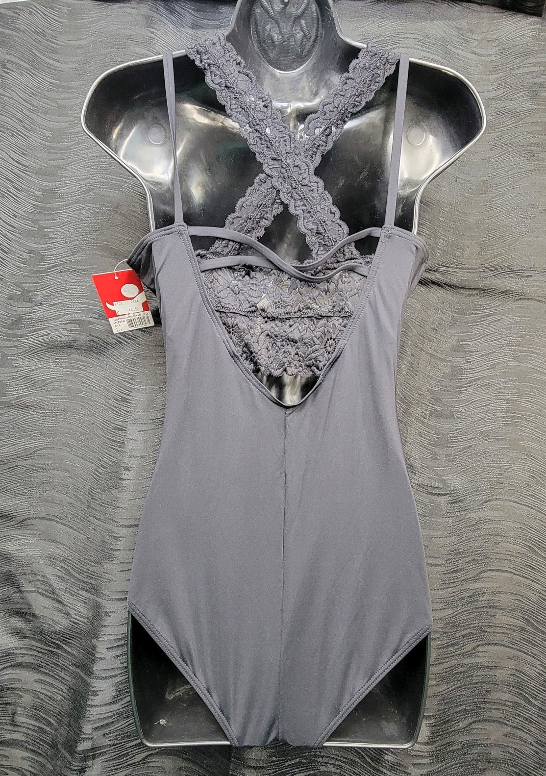 Capezio Black Lace Camisole Leotard High Neck Lace Trim Low Scoop Back Lace SZ L