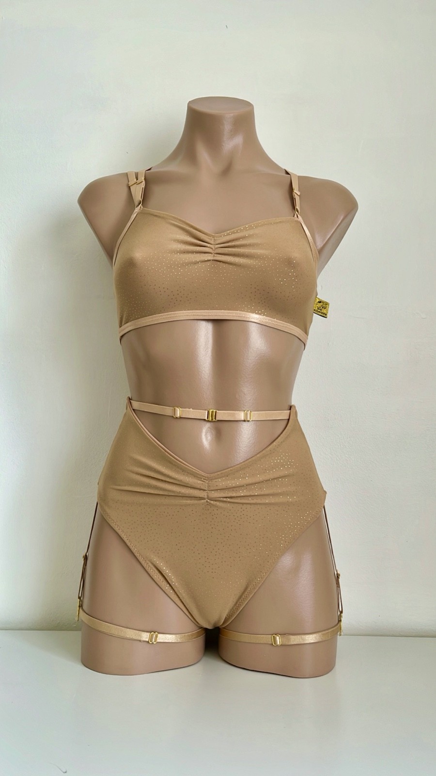 Schminke 👄 pole dance wear sheer nude gold mesh crop top & bottoms high waist