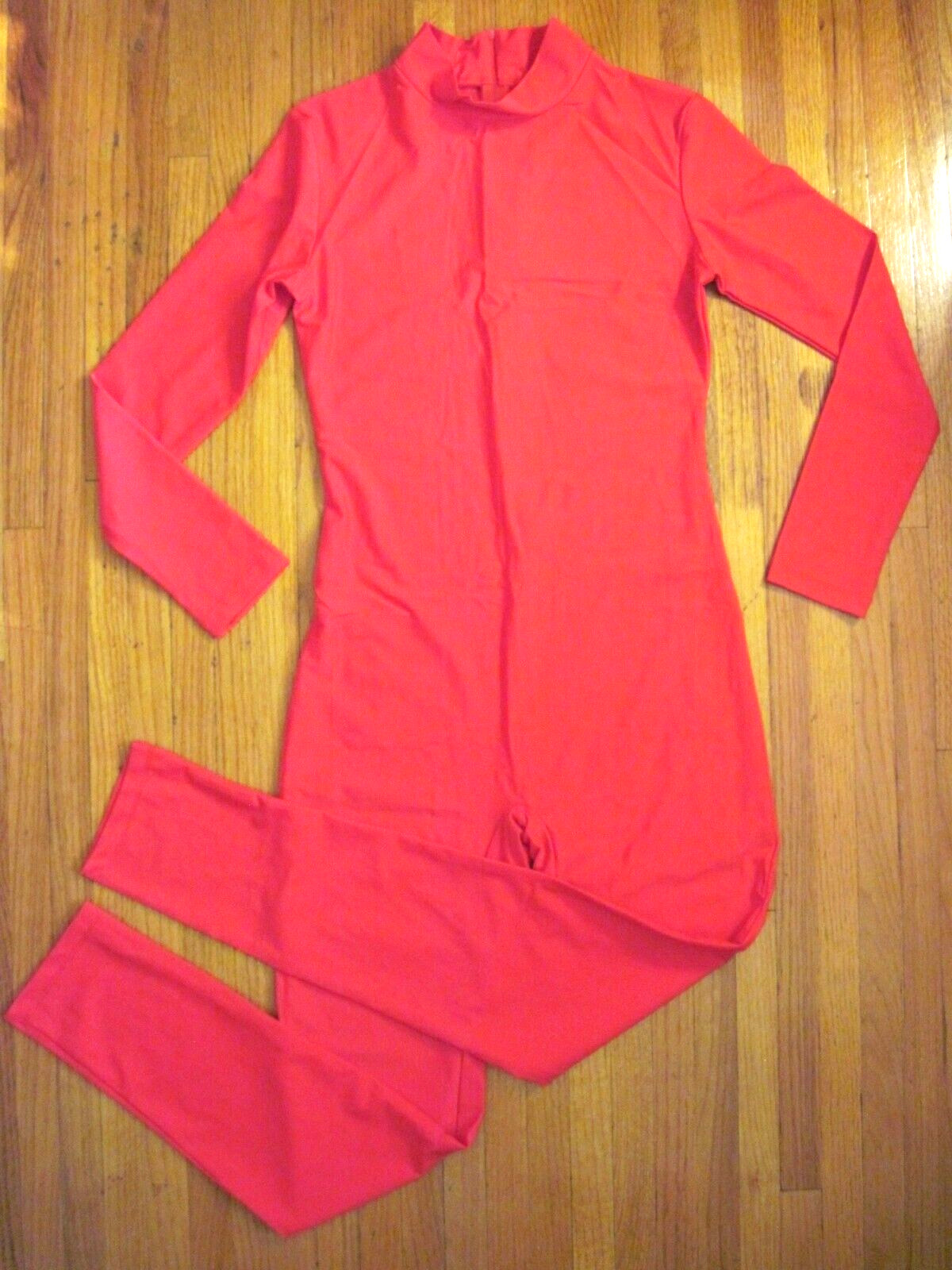 Plus Size Shiny Red Long Sleeve T-Neck Foot Less Unitard Size XL-14-16 New