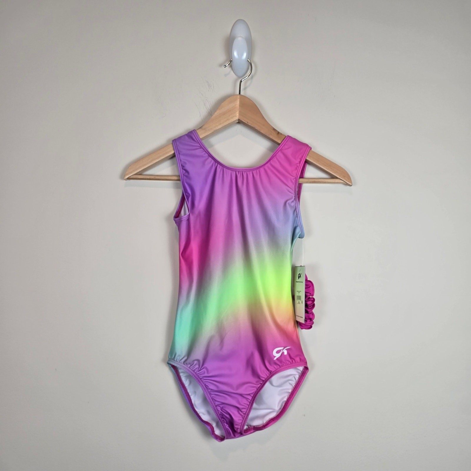 GK Elite Adult Sz S AS Purple Rainbow Ombre Tank Leotard & Scrunchie Gymnastics