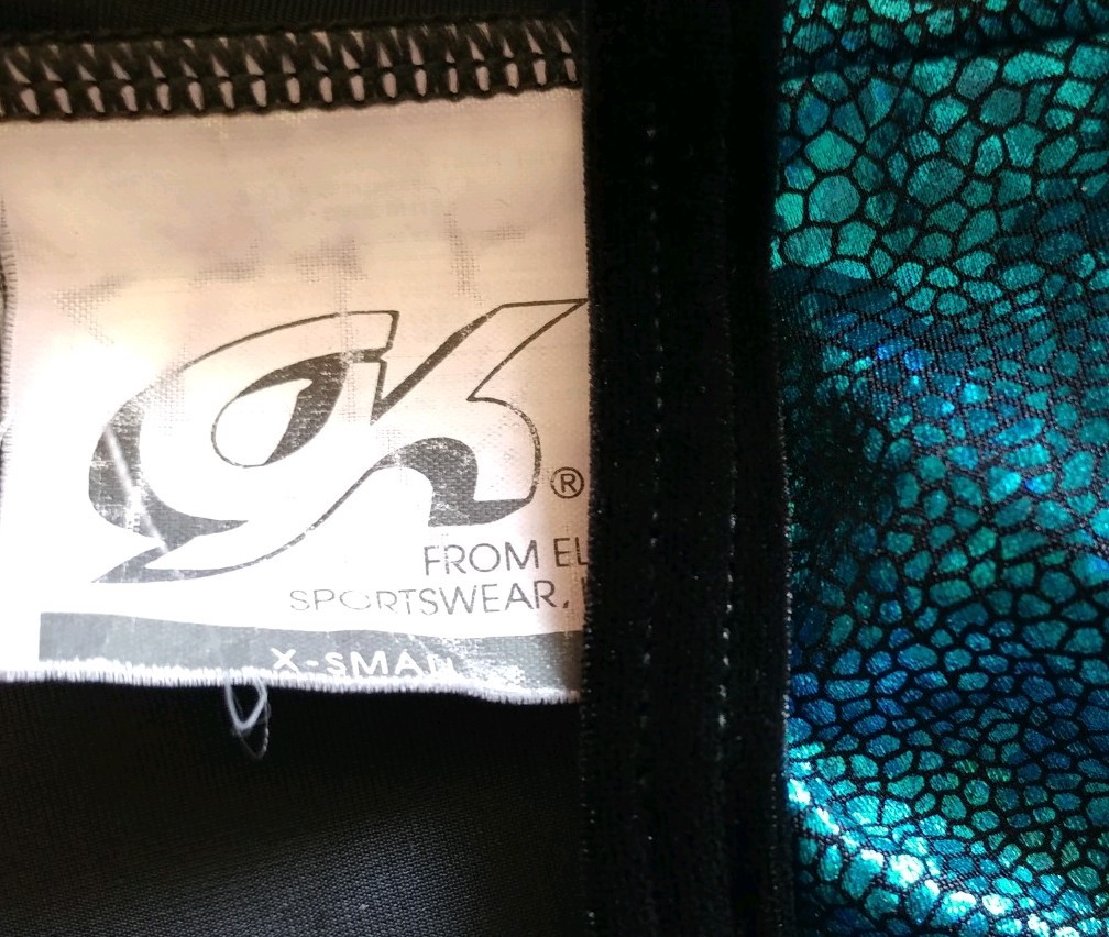 GK ELITE Gymnastics Leotard BLUE FOIL Black Velvet Adult XS Competition Long Slv