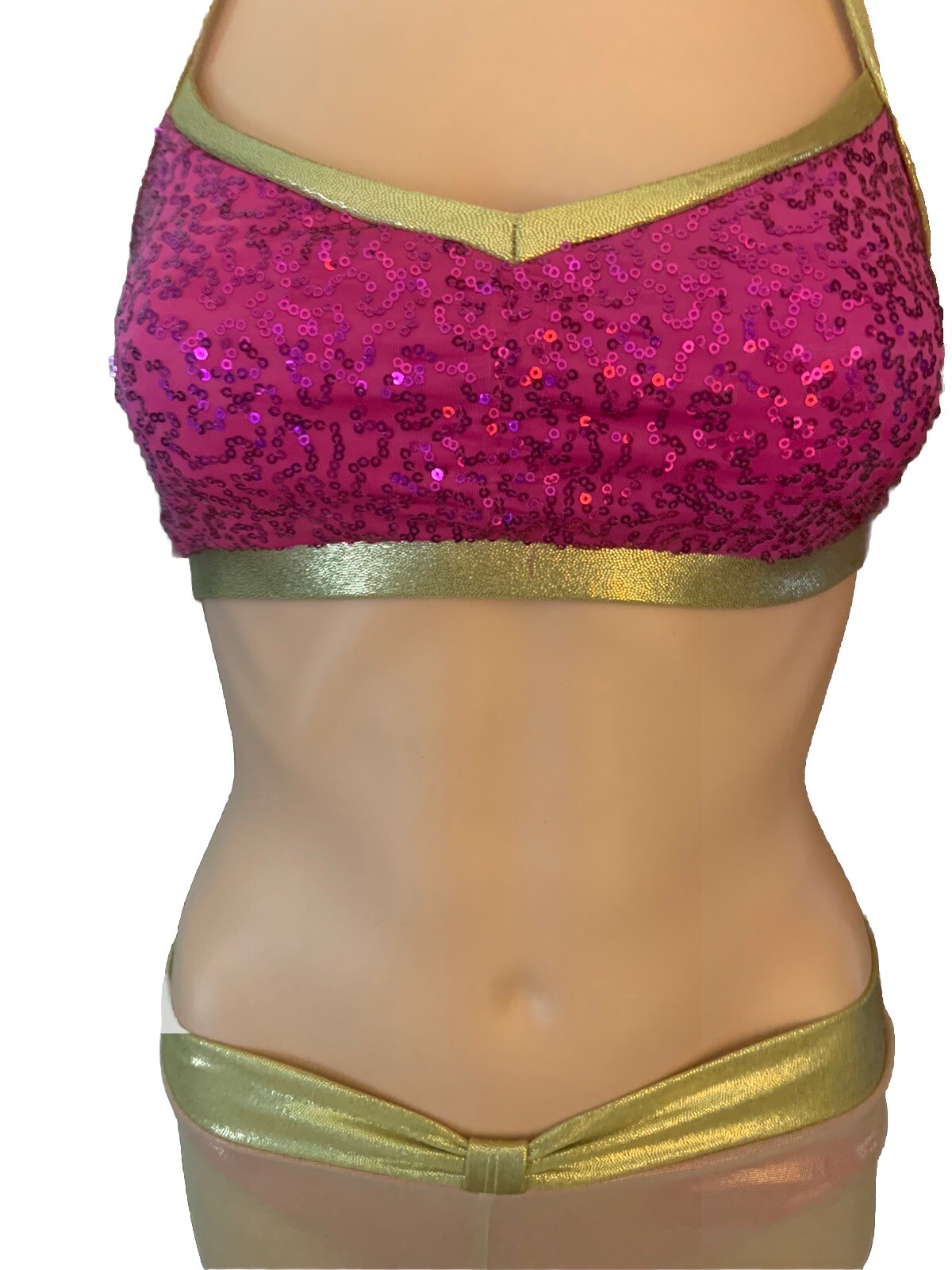 DANCE Med Contemporary Lyrical 2 Pc Mesh Pants sequin bra, top, gold, fuchsia