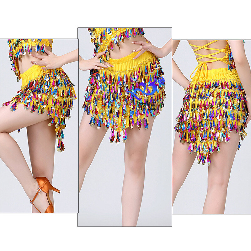 Women Belly Dance Sequin Tassel Coins Skirt Ballroom Latin Dancewear Costume
