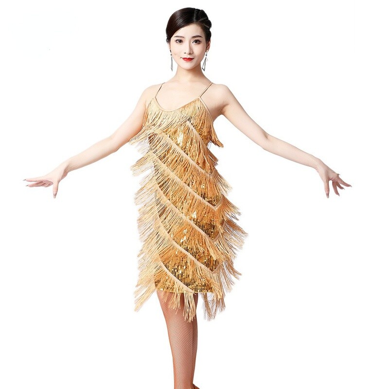 Women Latin Dance Slip Dress Sequins Tassel Dancewear Ballroom Tango Salsa