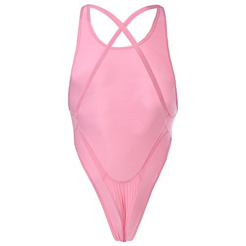 Men’s Sheer Bodysuit Cross Backless Sexy Thong Leotard One Piece Medium Pink