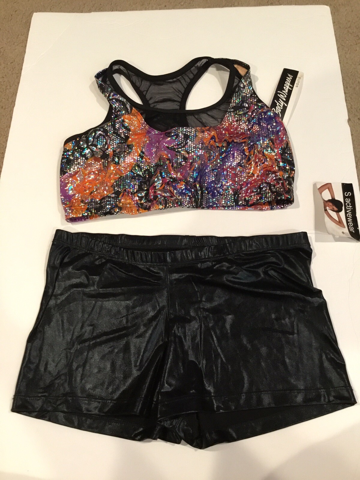Women’s Adult 2 Piece Set – Black Shorts & Multi Color Camisole Bra, Size Large