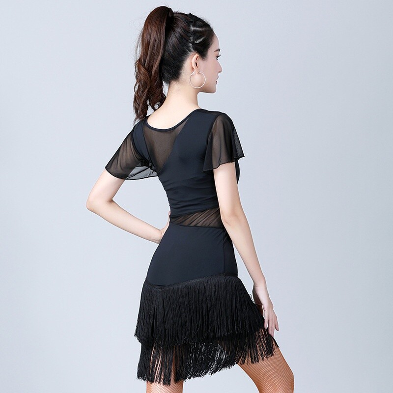 Women Dancewear Latin Dance Dress Mesh Ruffle Tassels Short Sleeve Hollow Out