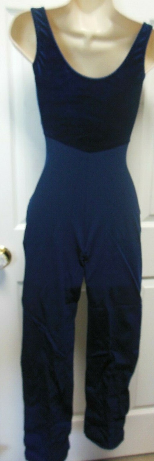 New Dance Jazz Navy Blue Long Unitard Velvet Bodice Cotton Spandex Ladies Ad Sze