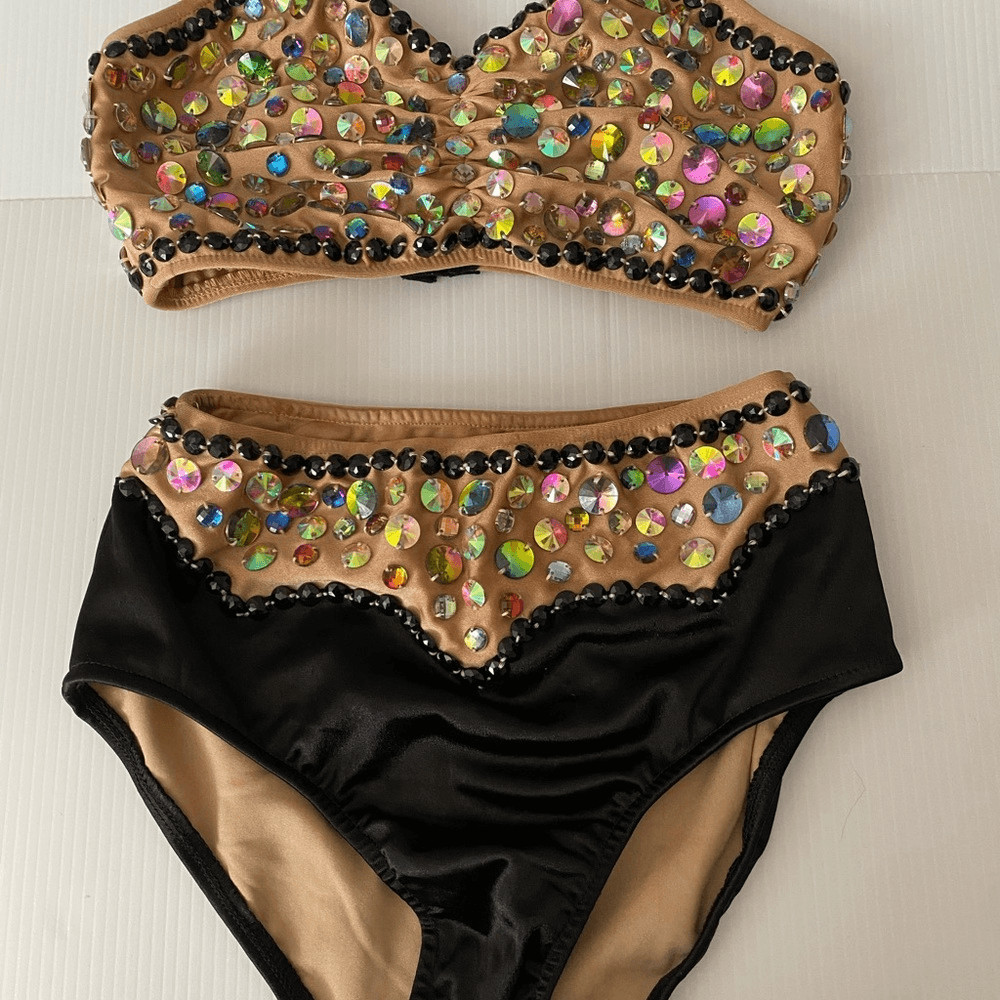 Glamour gold black solo 2 piece embellished Dance Costume Leotard XLC child