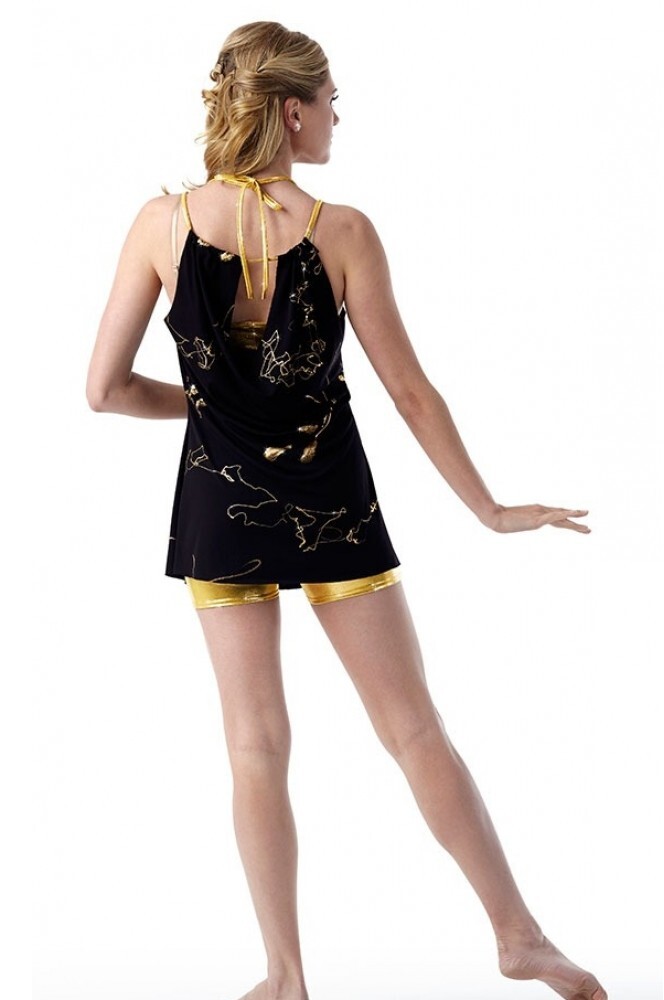Uncharted Contemporary Adult Small Dance Costume Black Top Over Gold Unitard