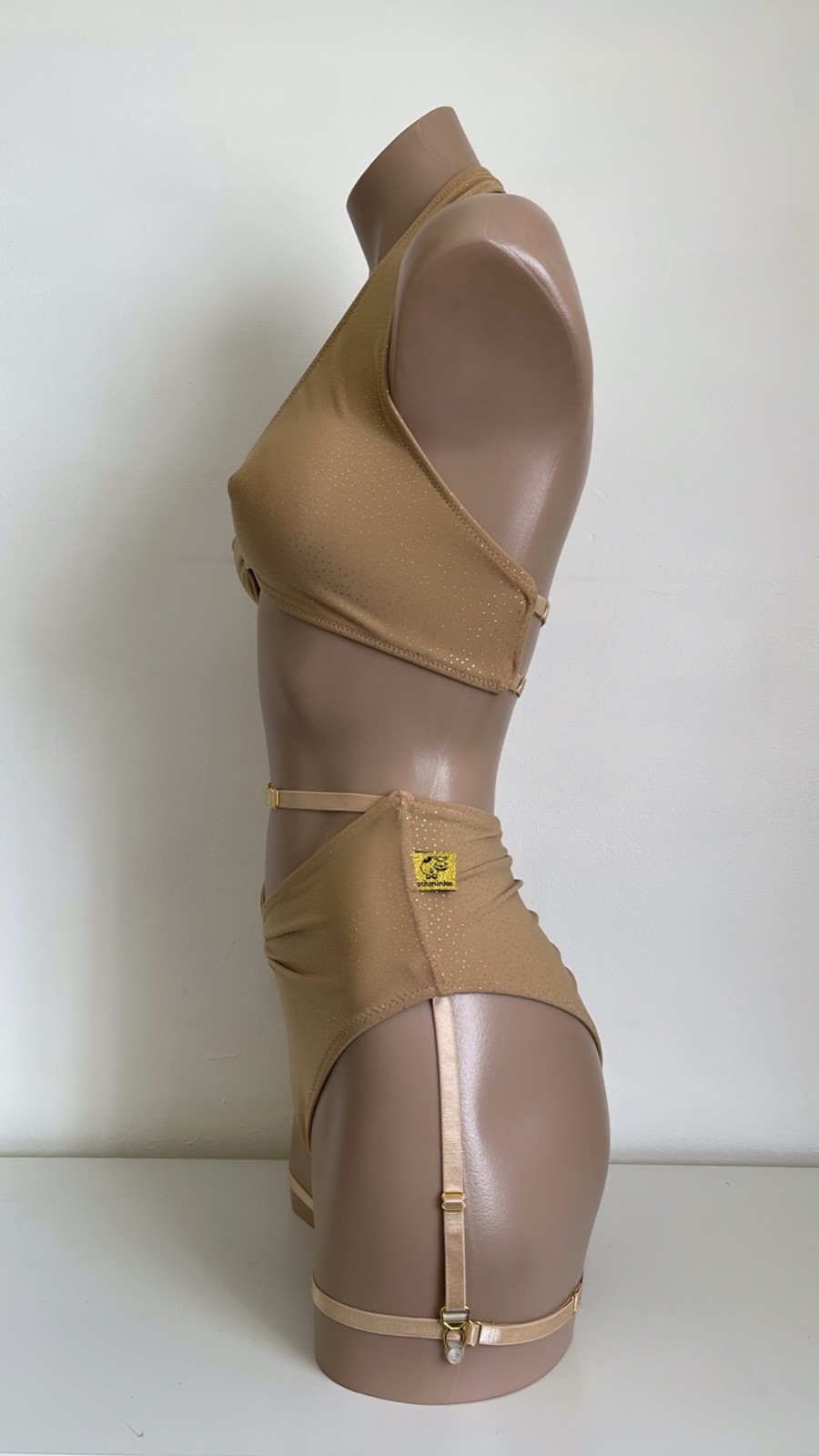 Schminke 👄 pole dance wear sheer nude gold mesh halter top & bottoms high waist