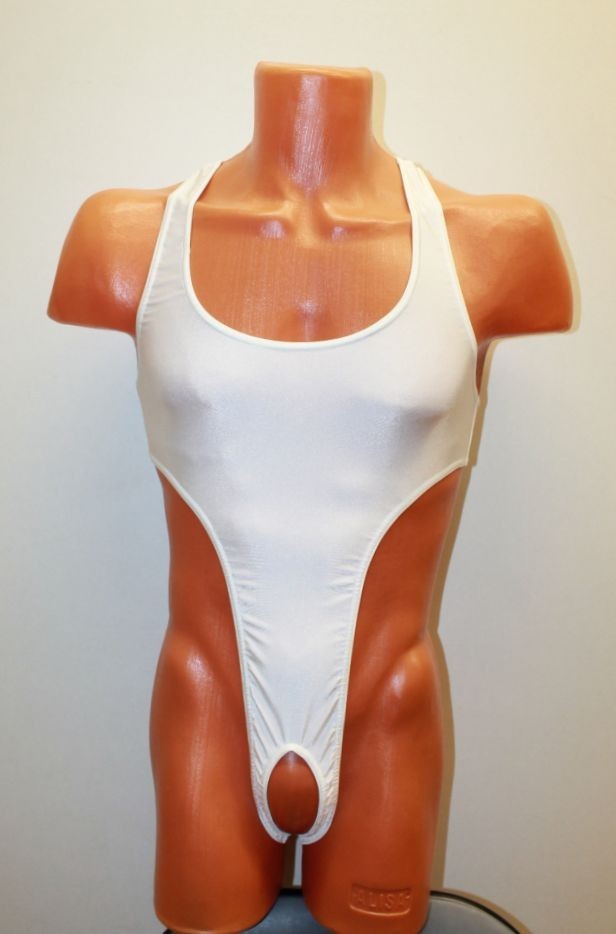 Men Thong Leotard 152-51 Hole Crotch White Spandex Size M