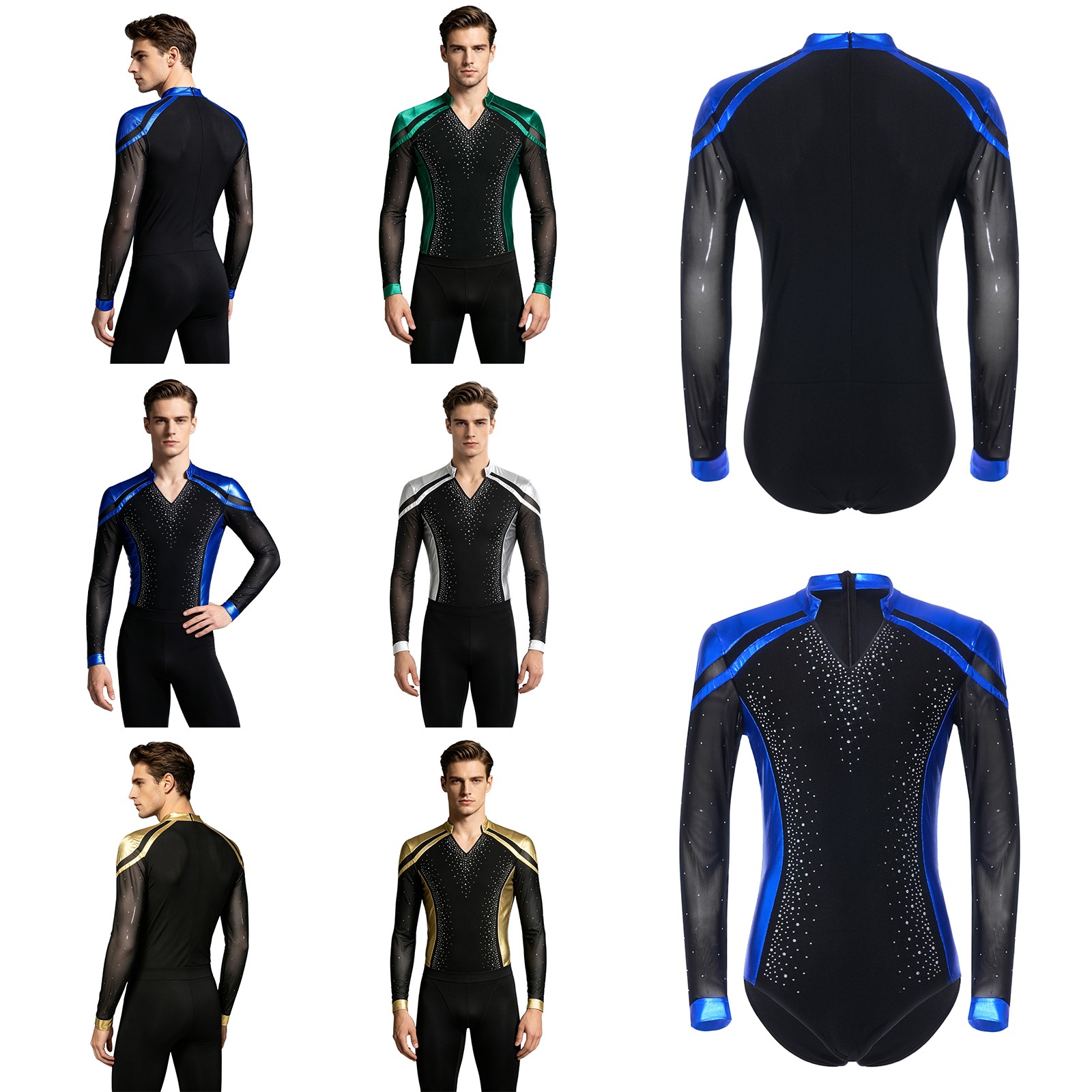 US Men Bodysuit Dancing Dance Leotard One-Piece Figure Skating Rhinestone Latin