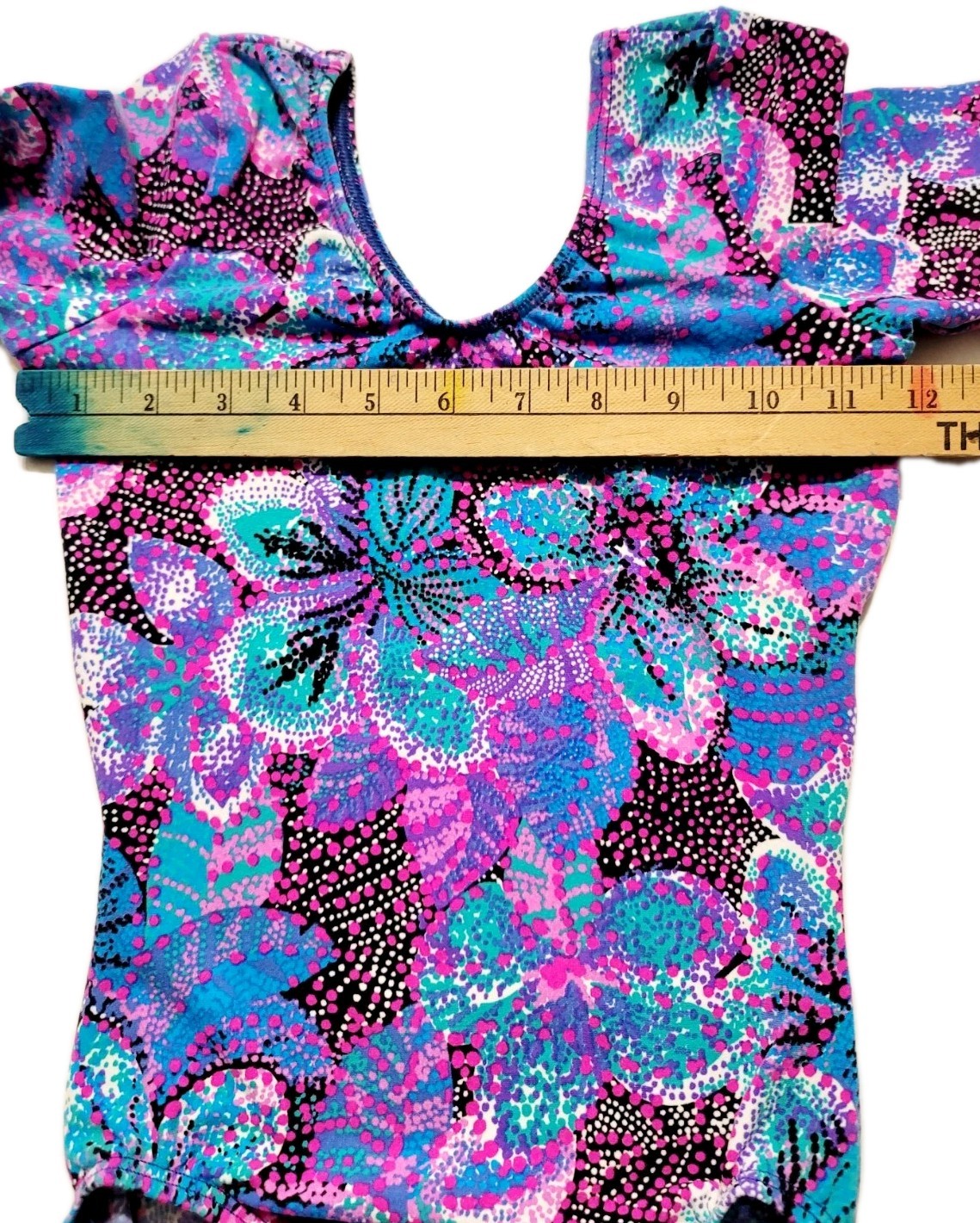 GK Elite VTG Vibrant Blue Pink Botanical Cotton LS Leotard Bodysuit AS Adult S