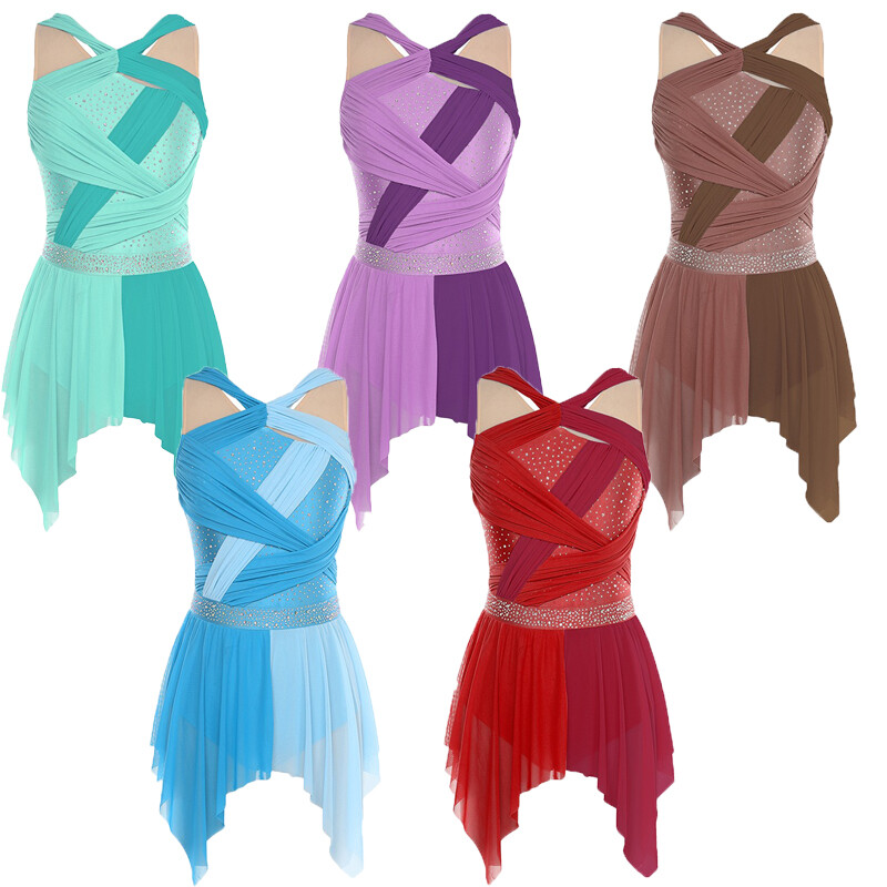 Womens Costume Figure Dress Ballet Dancewear Lyrical Dance Knot Rhinestone Hem