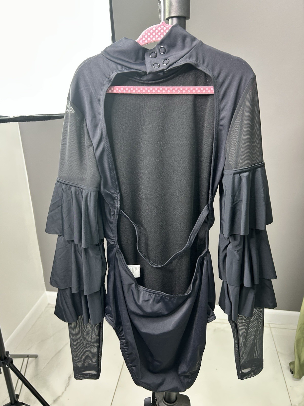 Weissman Black Solid Mesh Ruffle Long Sleeve Women’s Dance Leotard MT11834