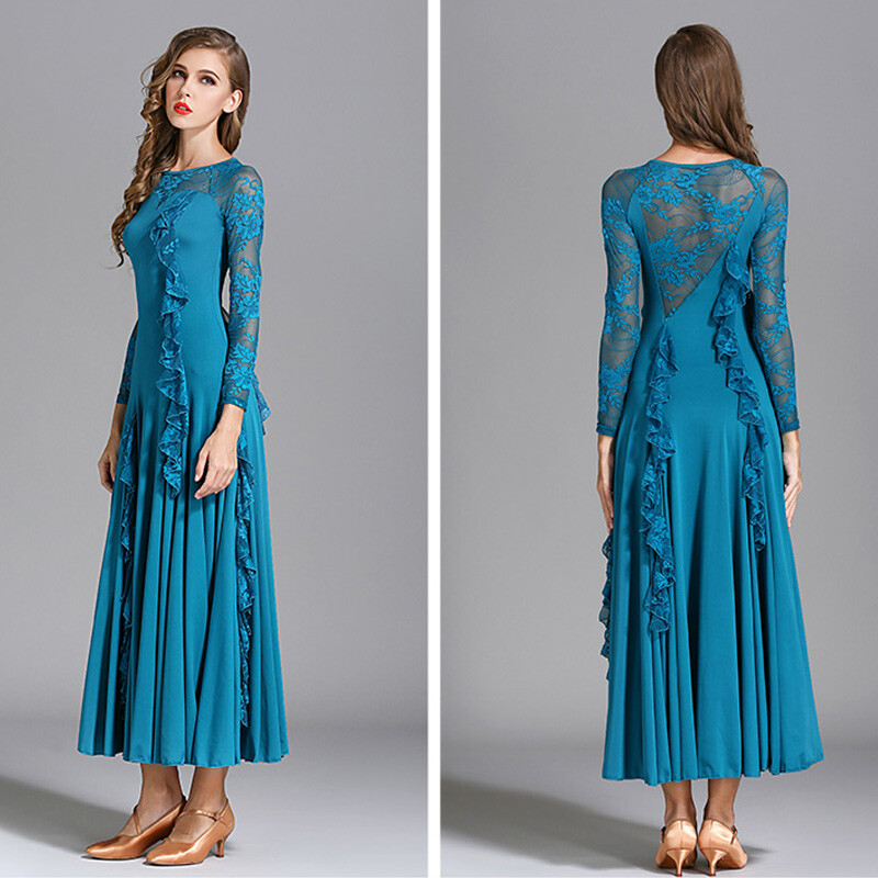 Women Long Sleeve Swing Dance Dress Modern Waltz Professional Ballroom Dancewear