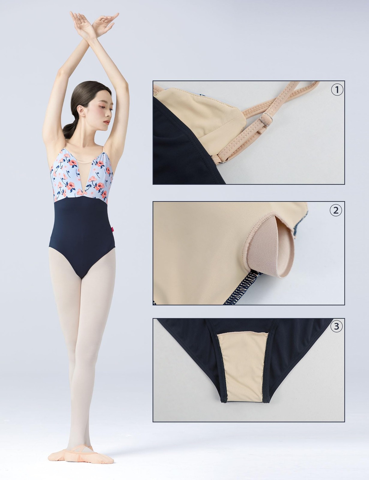 Navy Blue Adult Ballet Leotards for Women, Camisole Floral Print Dance Bodysu…