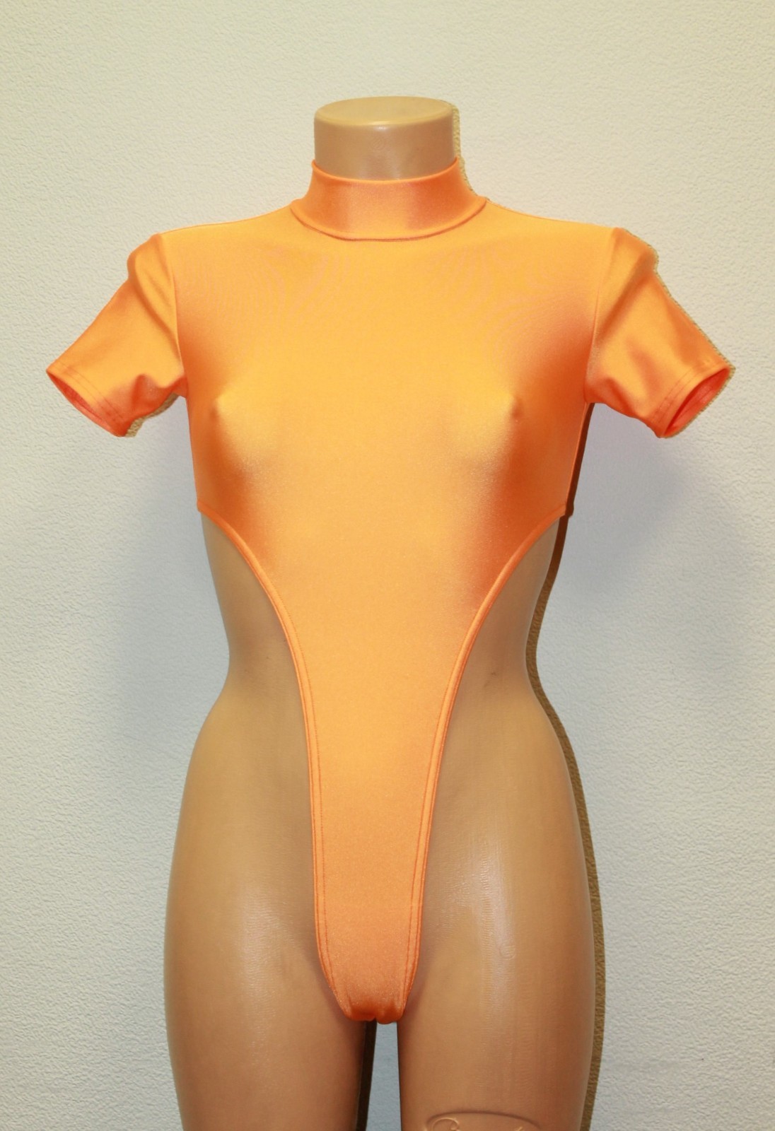Women Thong Leotard 106-08 Hygh Collar High Open Thig Orange Spandex Size L
