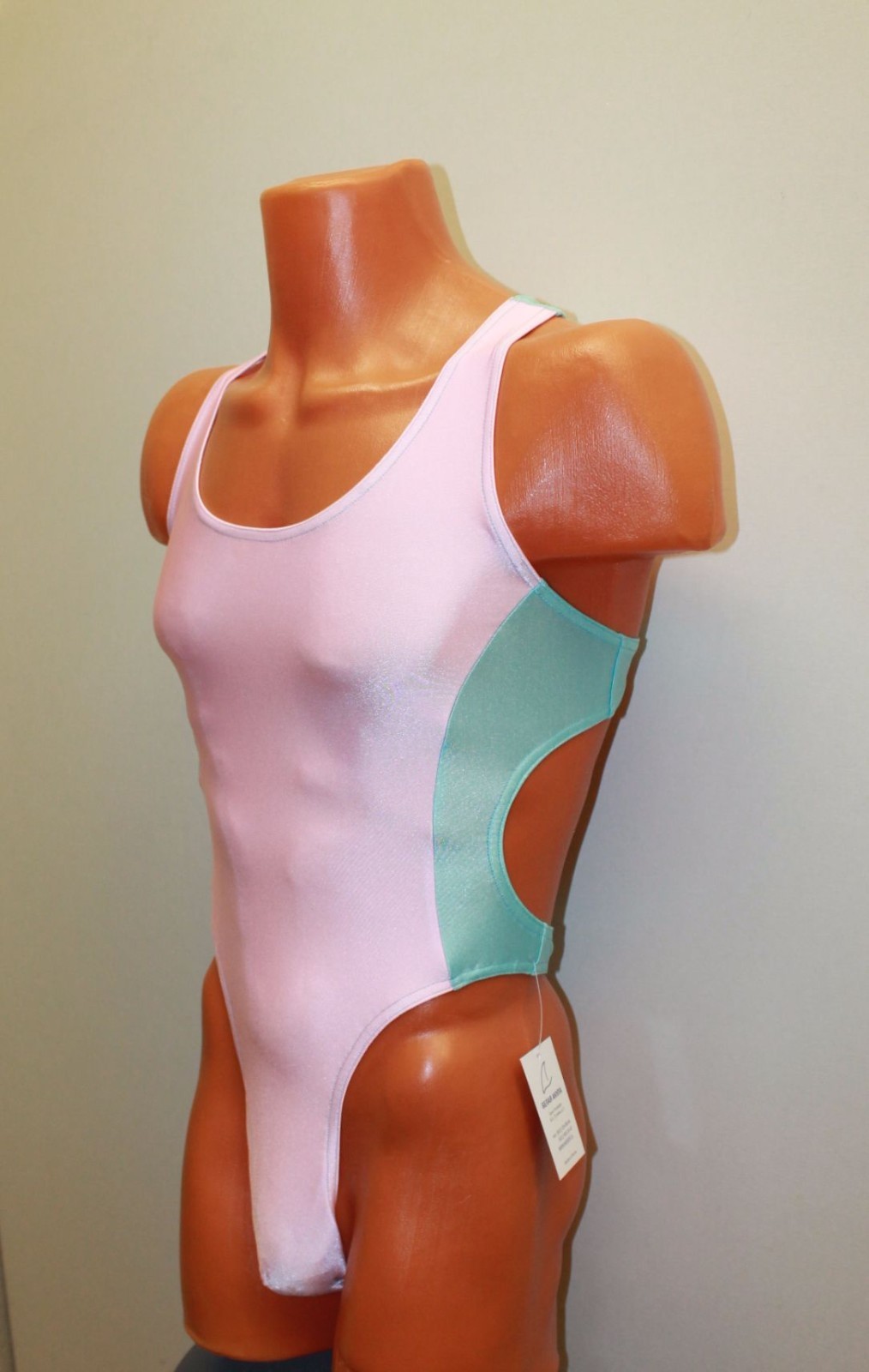 Men Thong Leotard 152-14 Racerback Light Pink and Light Blue Spandex Size S