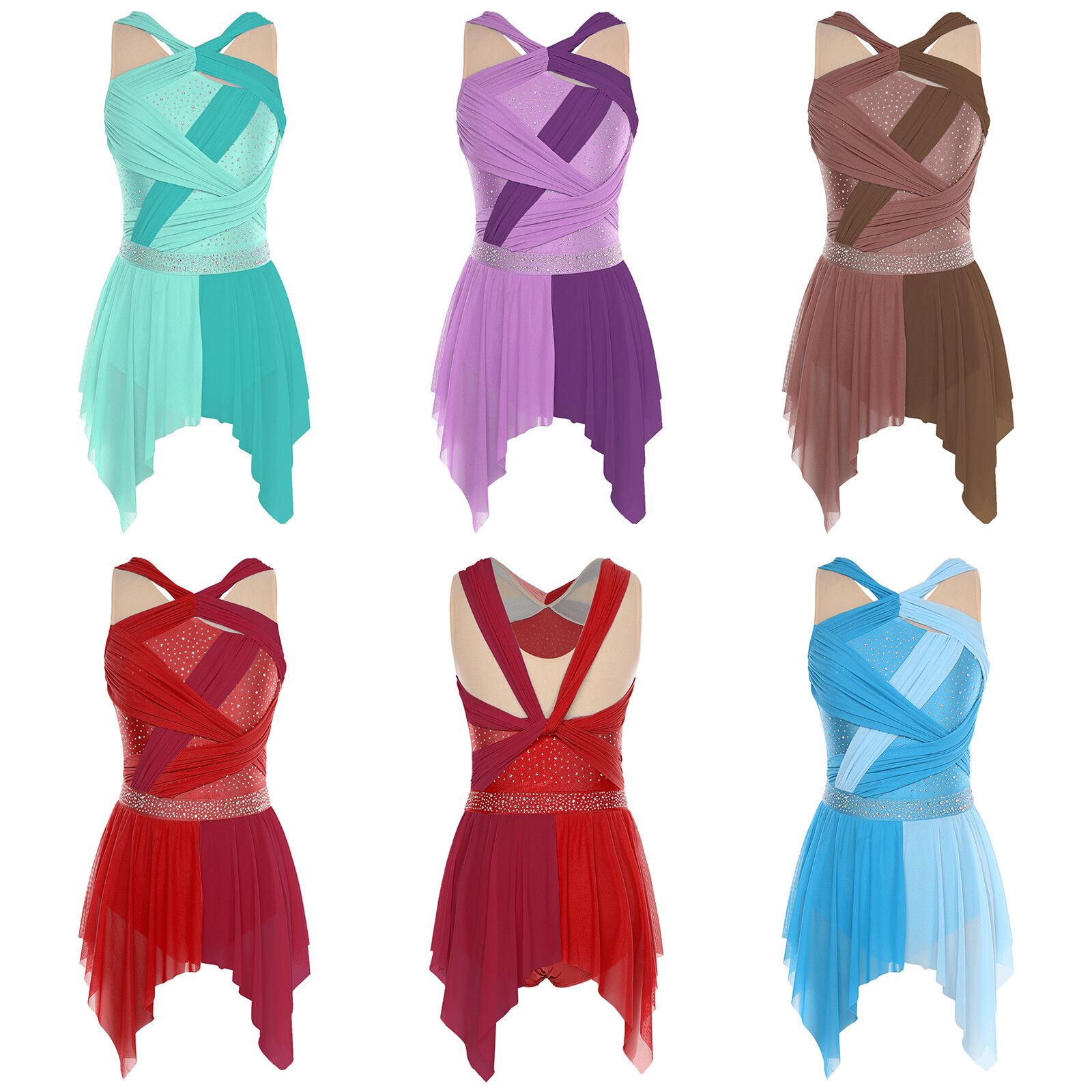 US Womens Costume Ruched Dancewear Mesh Dress Color Block Lyrical Hem Rhinestone