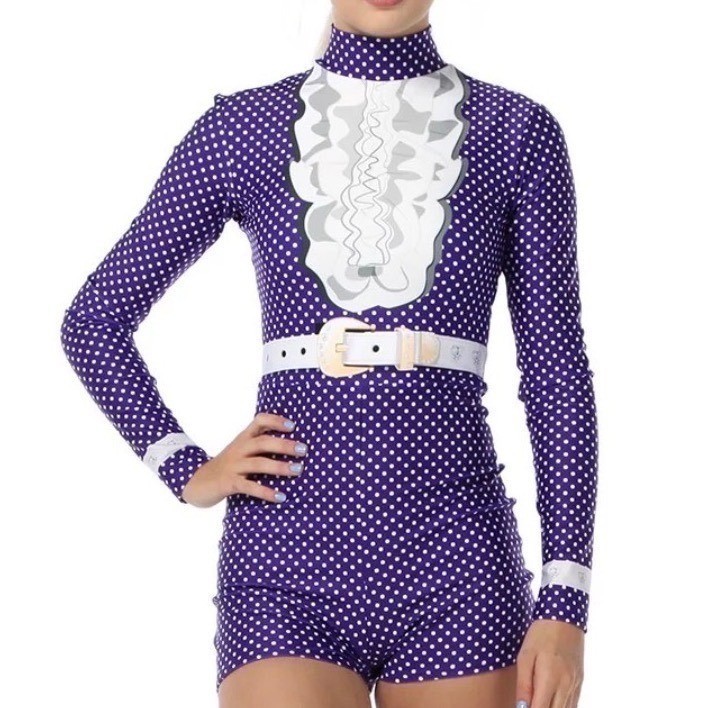Alexandra collection Purple Polka Dot Western Trompe L’oeil Leotard Adult XS