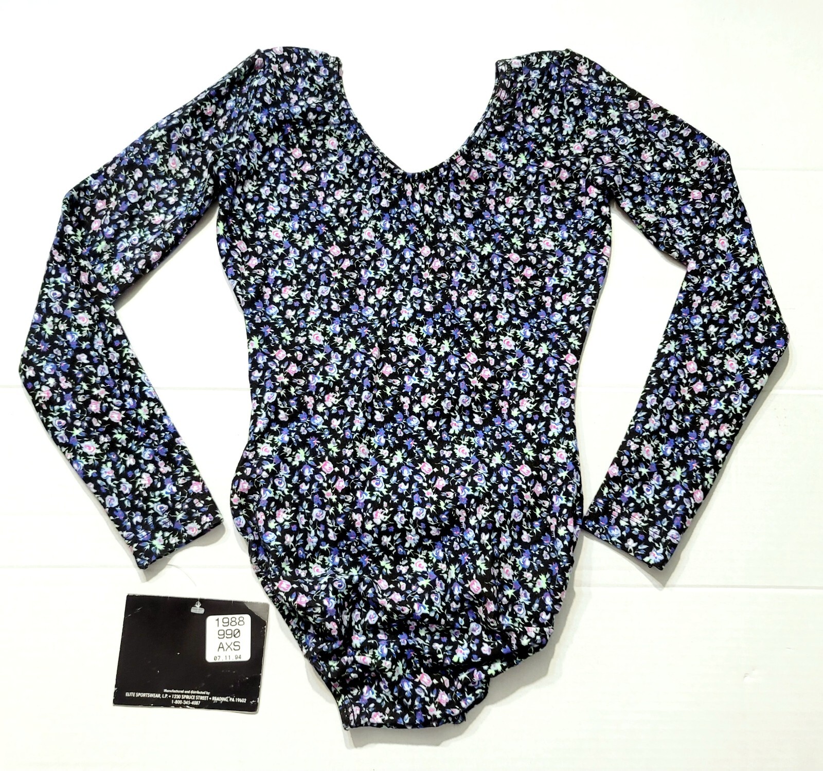 GK Elite VTG 90s Purple Floral Cotton LS Leotard Bodysuit Size AS Adult S Black