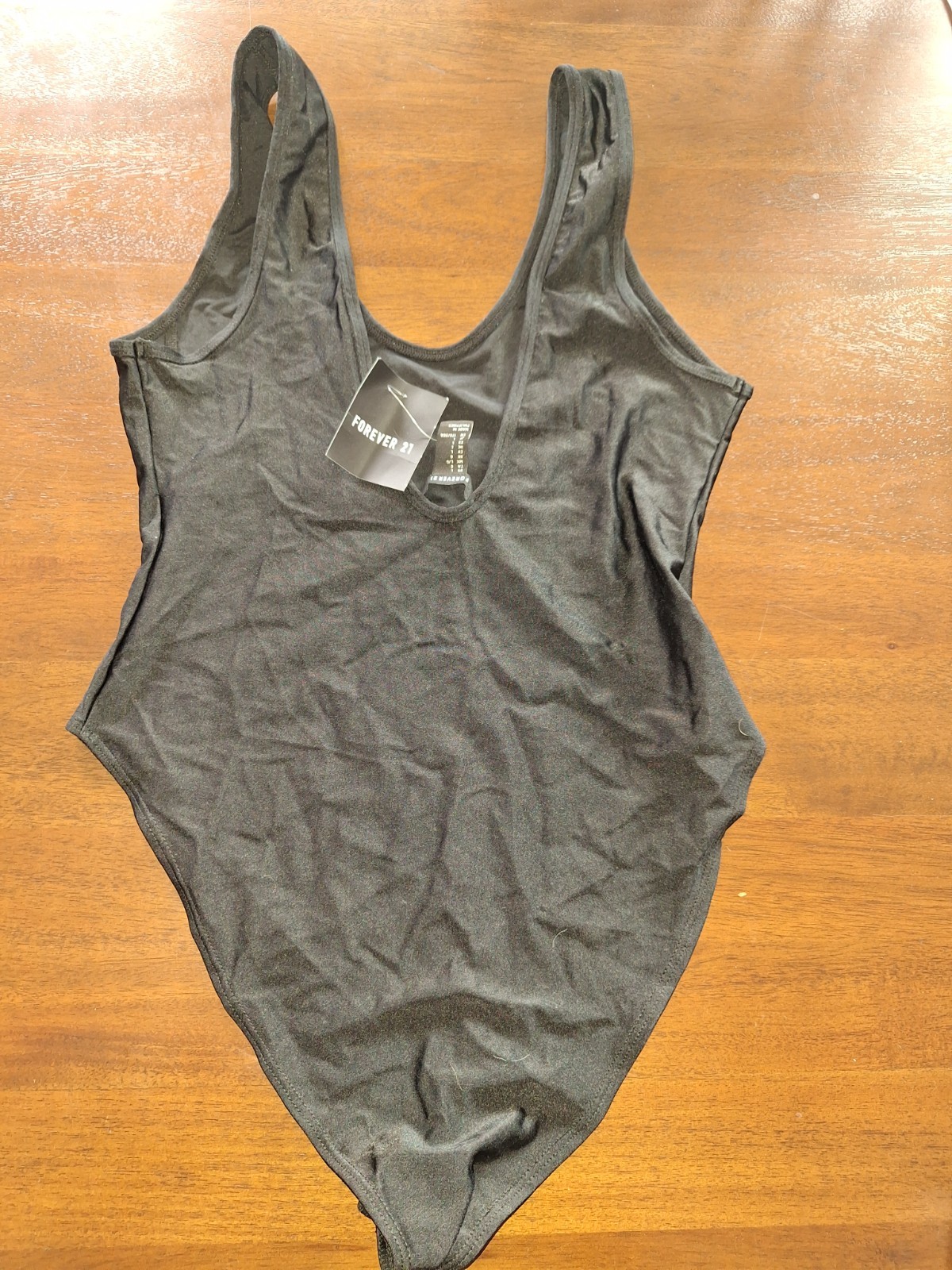 Black Leotard Bodysuit Shiny Nylon Spandex size L NWT