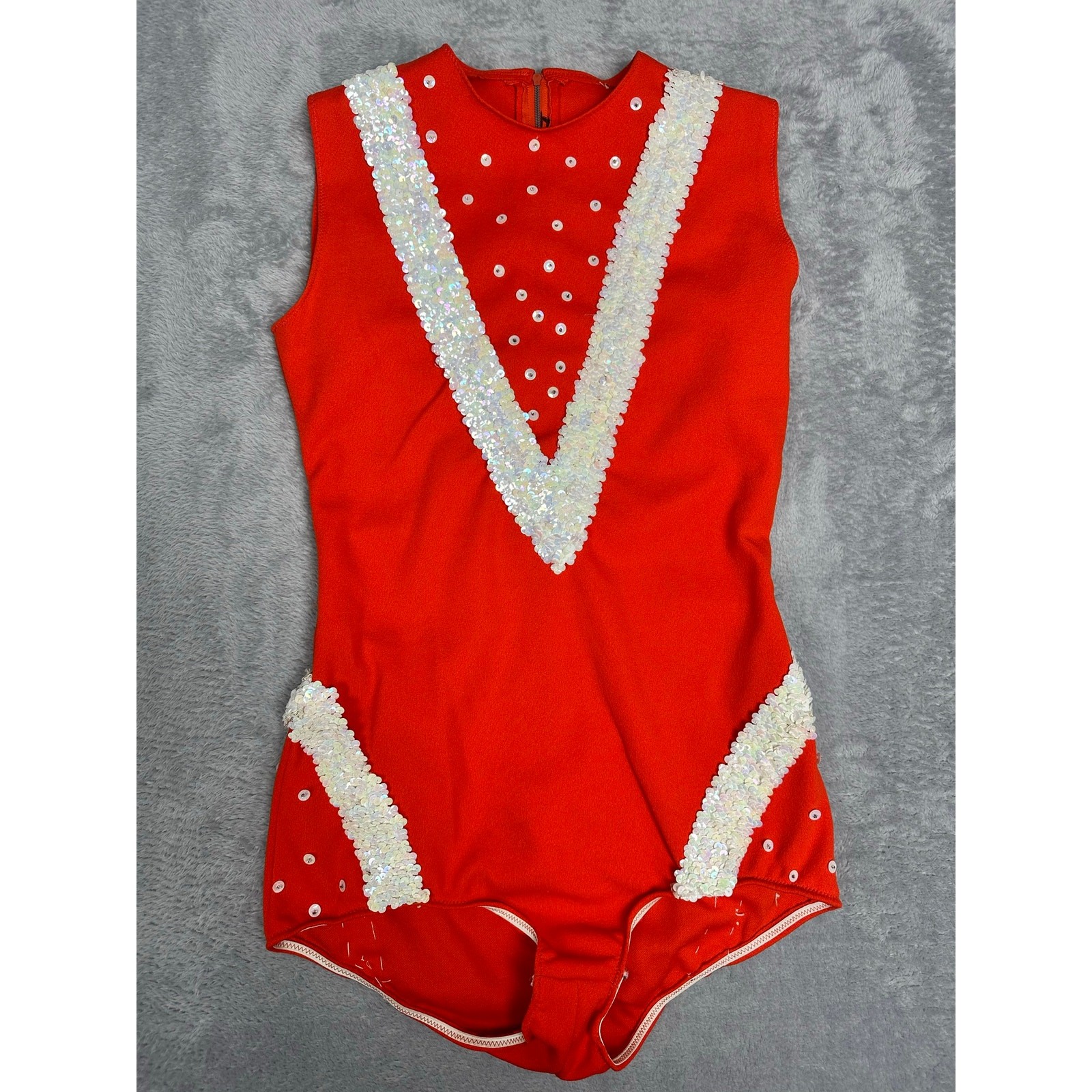 VTG Majorette Twirling Leotard Bodysuit Dance Costume Orange White Sequins – S