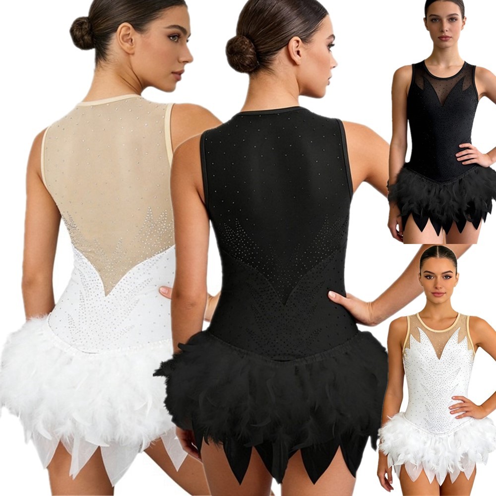 US Womens Bodysuit Fuzzy Feather Irregular Ballerina Leotard Rhythmic Dancewear